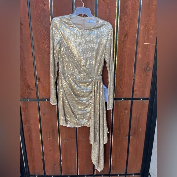 Mac Duggal Drape Skirt Fitted Gold Sequin Dress style 10785 size 6 NWT - Picture 2 of 8